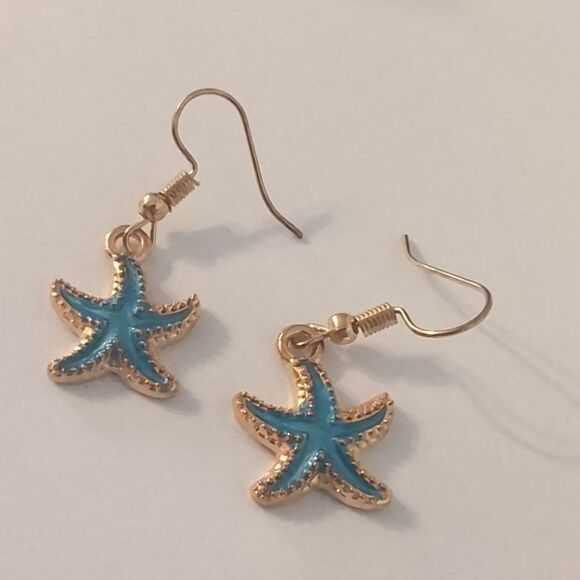 Gold Starfish Painted Blue Dangle‎ Earrings - Picture 2 of 4